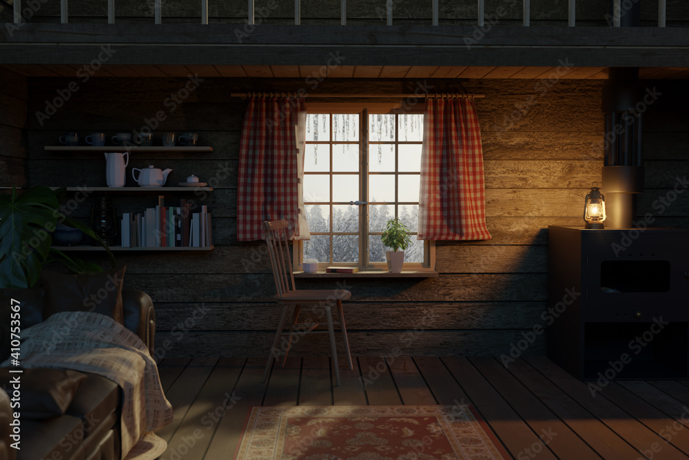 3d rendering of cozy chalet interior with lighten storm lantern and beautiful view to the snow covered forest 3d rendering of cozy chalet interior with lighten storm lantern and beautiful view to the snow covered forest