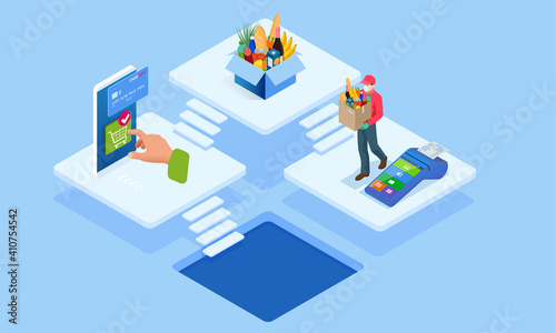 Isometric grocery store, online market, home delivery. grocery shopping online. Buying fresh vegetables, fruits, milk, bread, sausage through the smartphone while sitting at home. © Golden Sikorka