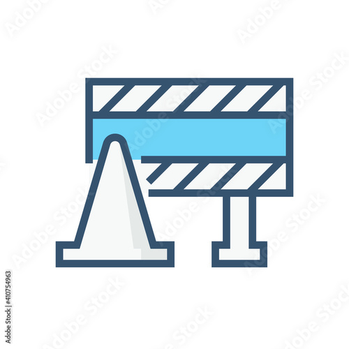 Traffic barricade vector icon. That frame or structure is warning sign or caution to stop, control or block passage of traffic direction from excavation, repair, improvement or road construction area.