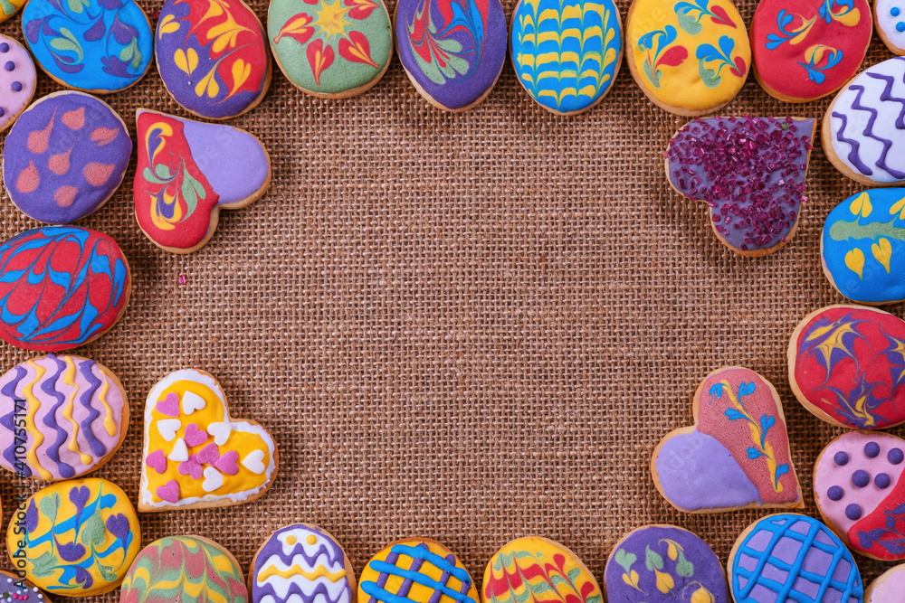 Homemade, freshly baked and decorated, colorful Easter cookies.