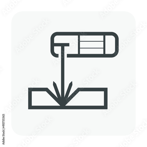 Electrode welding icon. Include welding electrode stick, holder, workpiece. For welding process to join metal by electricity i.e. fabrication, construction, erection, manufacturing, pipeline welding.