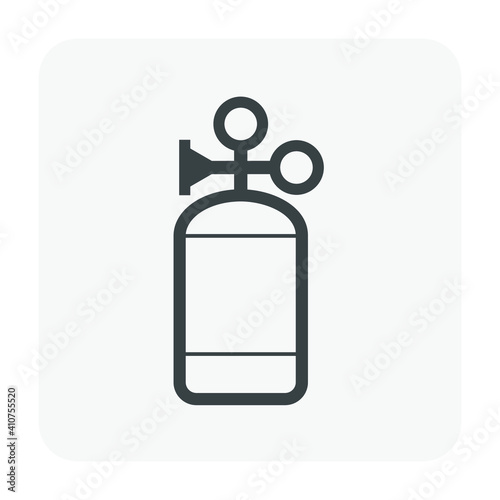 Gas cylinder and pressure gauge or manometer icon. For storage gas at high-pressure with pressure gauge and valve for display and control gas flow for portable oxygen tank. Used in welding and medical