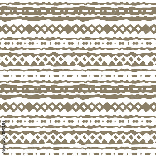 Brown abstract cute horizontal Seamless repeat border pattern on white background. Random rough, twisted part of triangles or broken lines, zigzags, circles or big dots shapes. Hand drawn effect