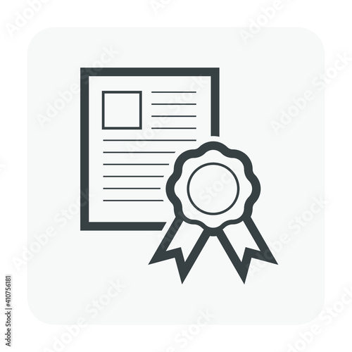 Certificate or professional certification vector icon. Consist of medal, paper or document. To warranty or guarantee skill, qualification, degree, education, achievement and quality of worker, person.