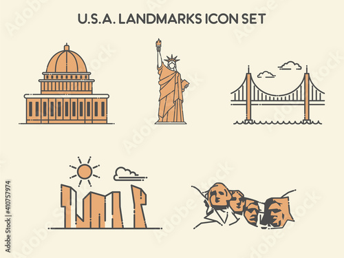 U.S.A. Landmarks Building Lineal Icon Pack - Landmarks Building Icon Vector Illustration Concept.