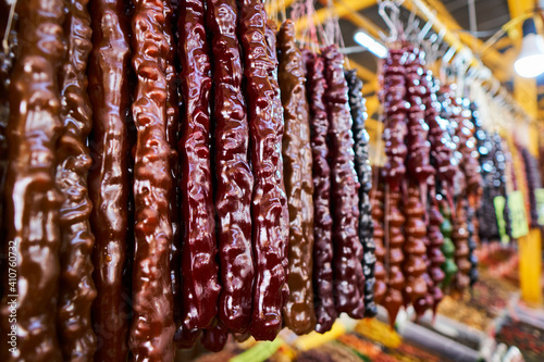 Georgian candies churchkhela on a market stall of bazaar market