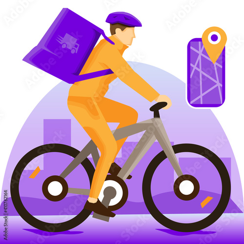 Concepto de servicio de entrega en línea, seguimiento de pedidos en línea, entrega a domicilio y oficina. Mensajero o repartidor en bicicleta.