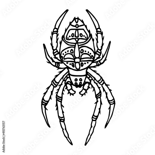 spider with a cross pattern, a symbol of the Halloween holiday, vector illustration with black ink contour lines isolated on a white background in a cartoon and hand drawn style © Николай Шитов