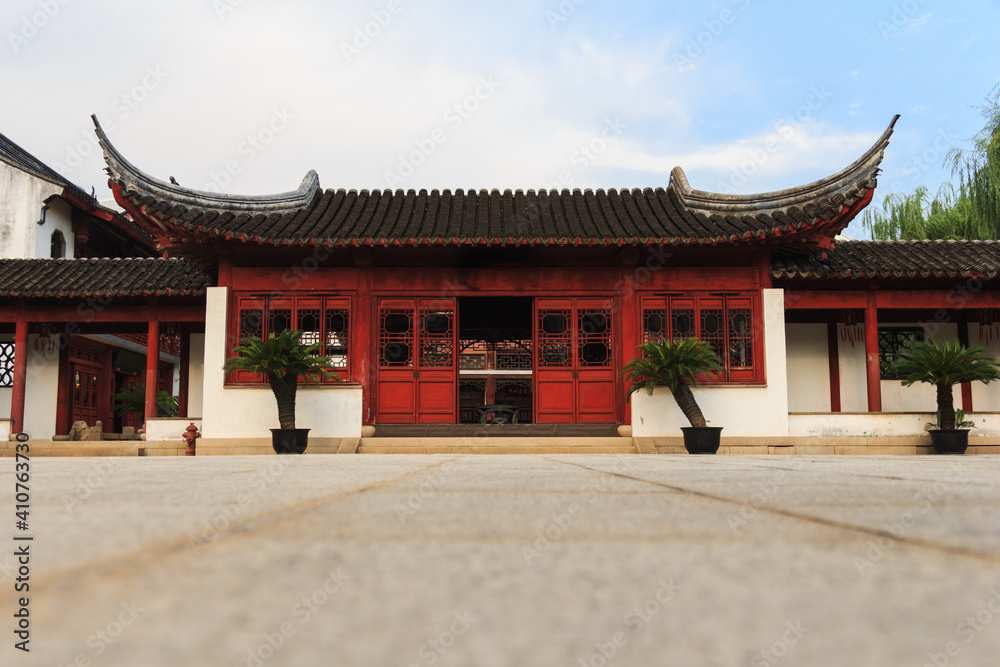 Traditional hall with curved roof in Confucian temple in Shanghai Traditional hall with curved roof in Confucian temple in Shanghai