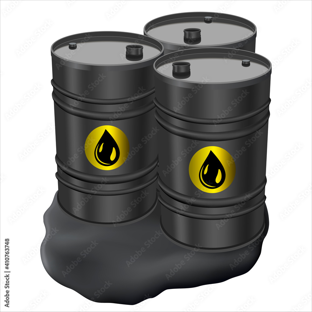 Three barrels of black metal and spilled oil. Barrel with spilled oil isolated on white background. Concept of pollution. 200L Industrial Oil Barrel. Three barrels of black metal and spilled oil. Barrel with spilled oil isolated on white background. Concept of pollution. 200L Industrial Oil Barrel.