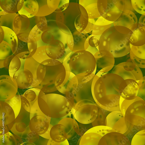 Seamless raster pattern. Golden transparent bubbles of different sizes randomly scattered on a green background.