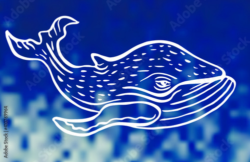 Hand drawn whale character fish white in the blue sea. Outdoor activity travel symbol, tourism. Engraving style sketch vector illustration for poster, tattoo, t-shirt and card design