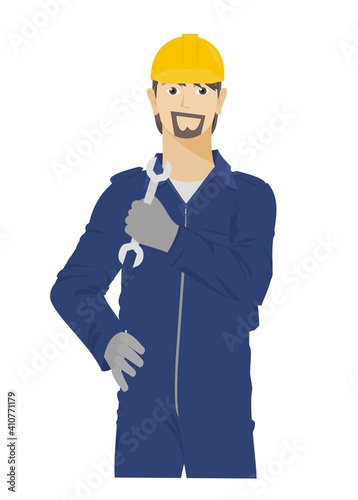 Male technician holding wrench. Simple flat illustration