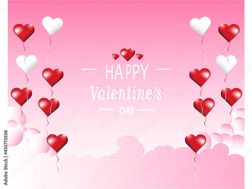 Happy valentines day greeting background in papercut realistic style. Paper clouds, flying realistic heart on string. Pink banner party invitation template.