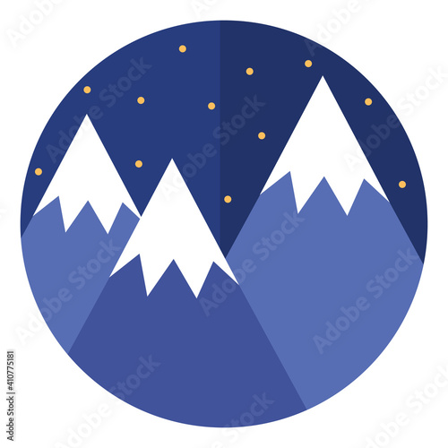 Three mountain tops covered in snow at night time, illustration, vector on white background.