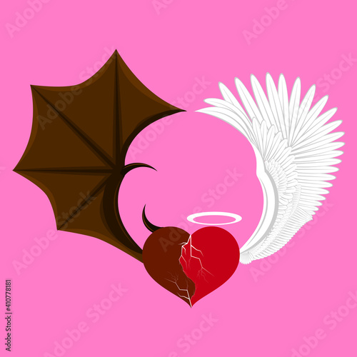 ilustration of winged cracked heart. between angels or demons.