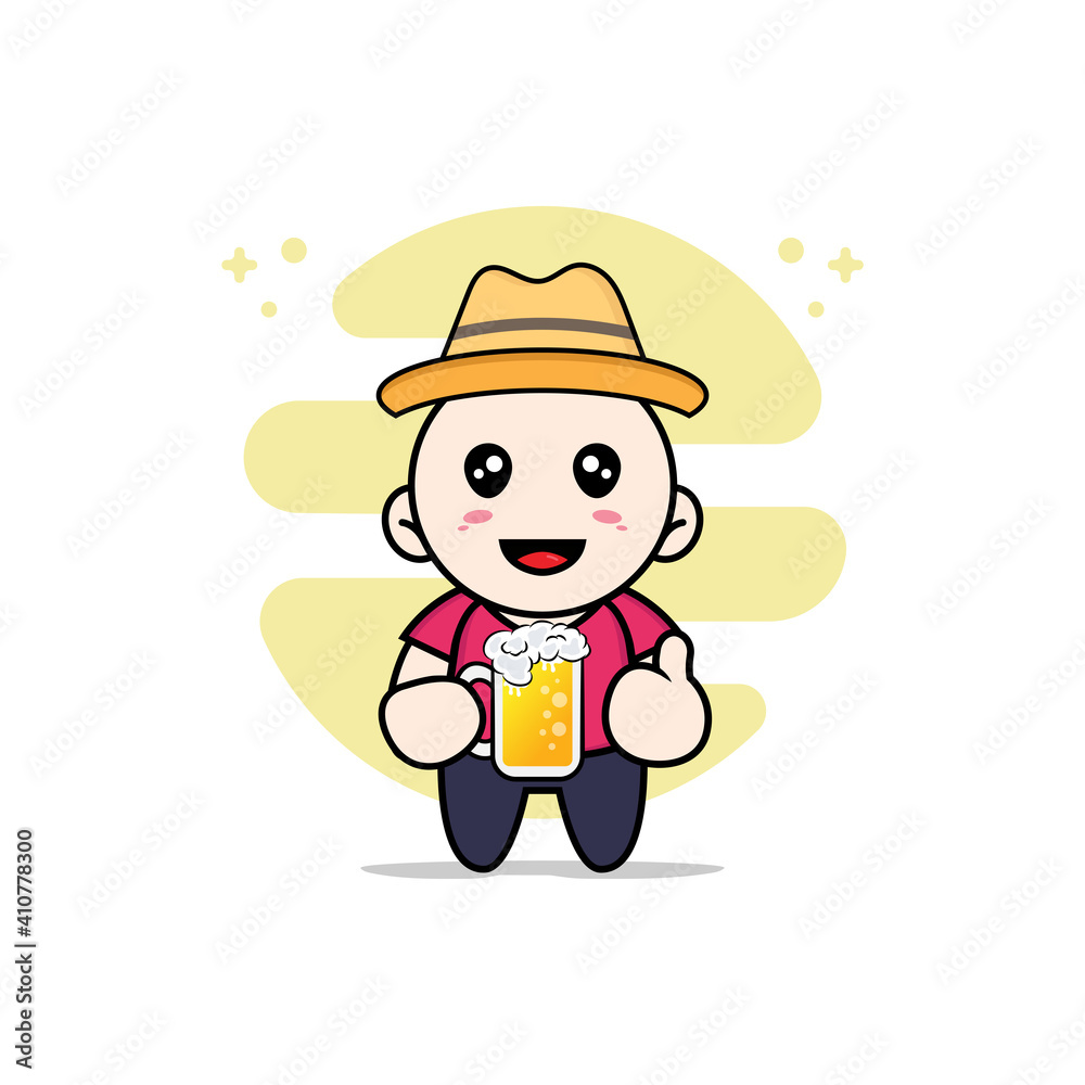 Cute kids character holding a glass of beer.