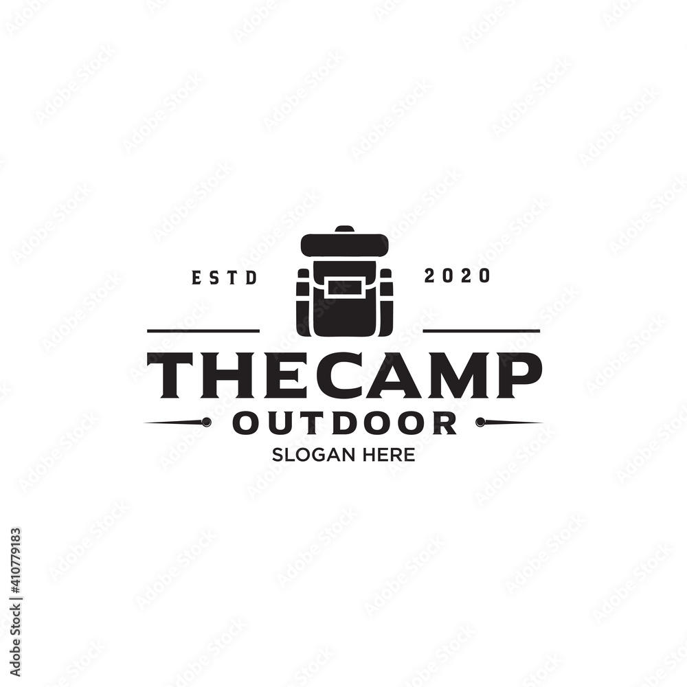 Camping logo emblem with backpack Hipster illustration. Outdoor adventure expedition, backpack and mountains silhouettes shirt, print stamp. Vintage typography badge design Camping logo emblem with backpack Hipster illustration. Outdoor adventure expedition, backpack and mountains silhouettes shirt, print stamp. Vintage typography badge design
