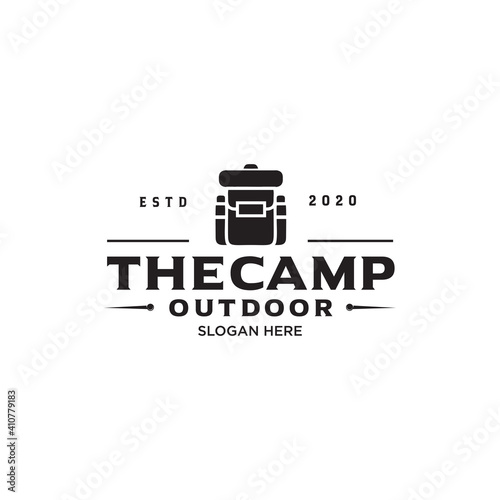 Camping logo emblem with backpack Hipster illustration. Outdoor adventure expedition, backpack and mountains silhouettes shirt, print stamp. Vintage typography badge design