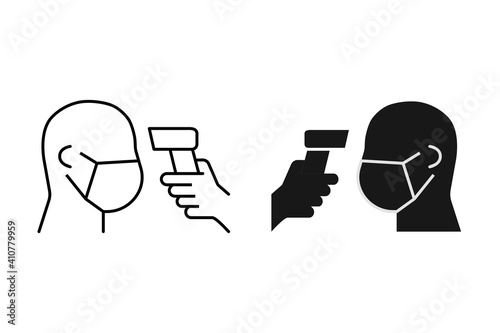 Body temperature check use gun scanner digital thermometer or contactless infrared thermometer for covid-19 outbreak. Illustration showing body temperature check icon.