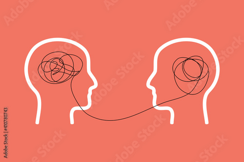Two humans head silhouette psycho therapy concept. Therapist and patient. Vector illustration