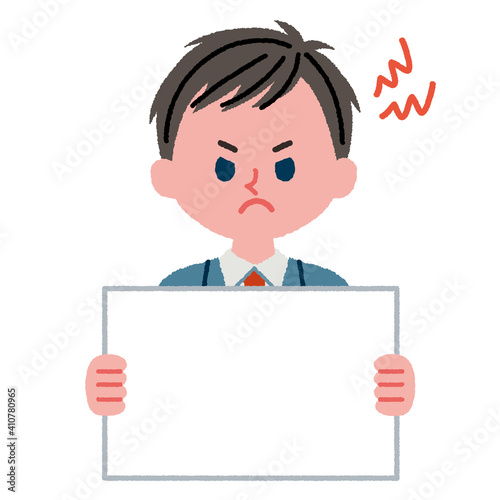 フリップボードを持ちながらイライラしている男子学生のイラスト素材