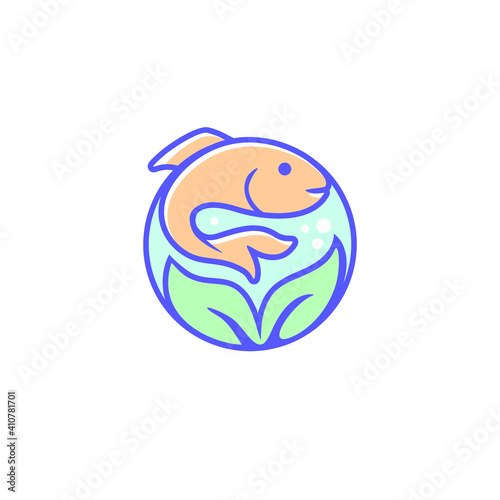 vector illustration fish and leaves, logo for aquaponics.