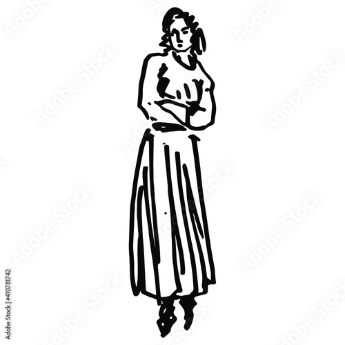 Standing woman in long dress with folded crossed arms. Hand drawn linear doodle rough sketch. Black silhouette on white background.
