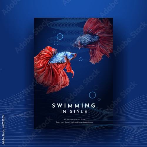 Poster template with Siames fighting fish concept design for advertise and marketing watercolor vector illustration