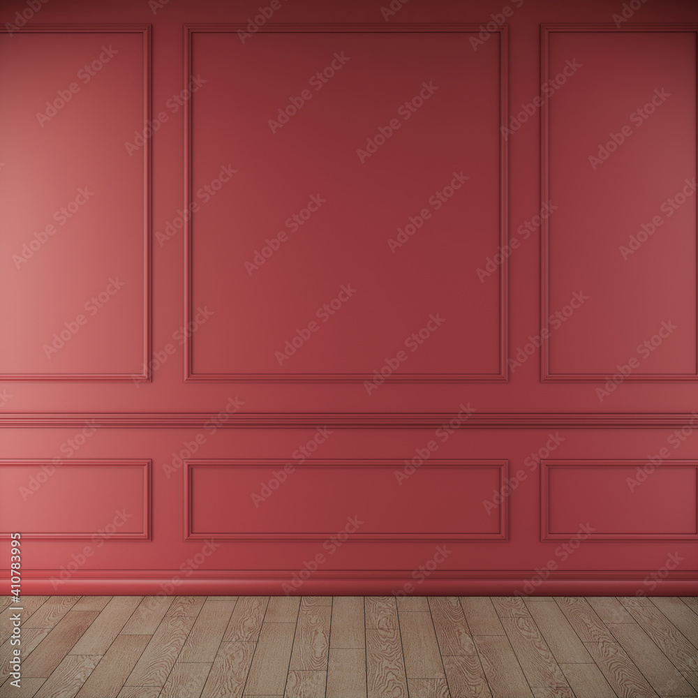 empty red room with wooden floor. classic wall style interior design, 3d rendering empty red room with wooden floor. classic wall style interior design, 3d rendering