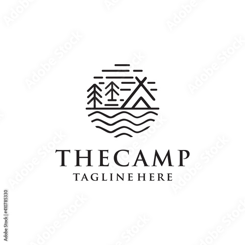 camping logos consisting of mountains, camp and trees line style isolated for explore emblem, hiking sticker, tourist symbol, travel badge, expedition label, poster, banner, t-shirt