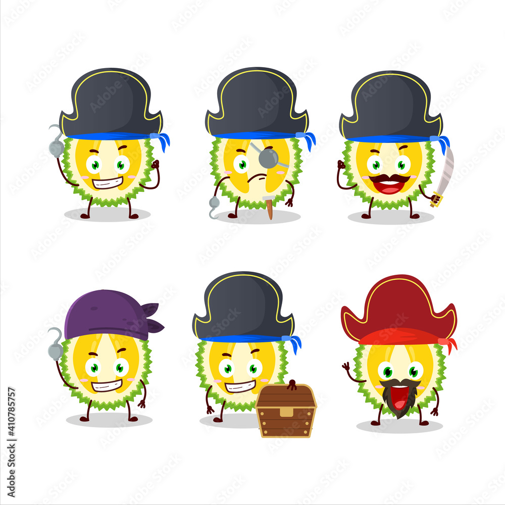 Cartoon character of slice of durian with various pirates emoticons Cartoon character of slice of durian with various pirates emoticons