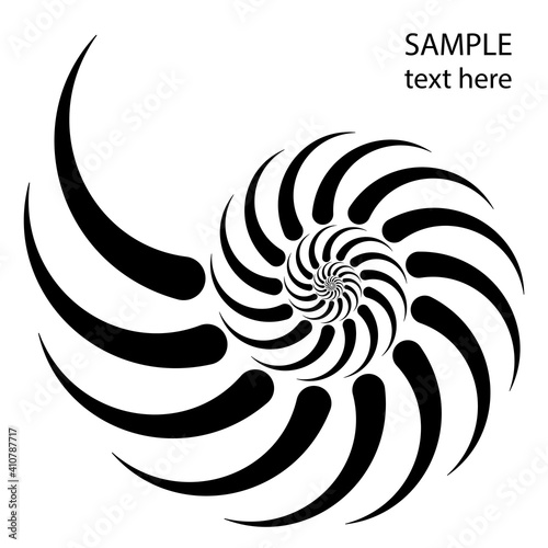 Black abstract shape in nautilus form. Geometric art. Design element for logo, prints, tattoo, sign, symbol, abstract background, template and textile pattern