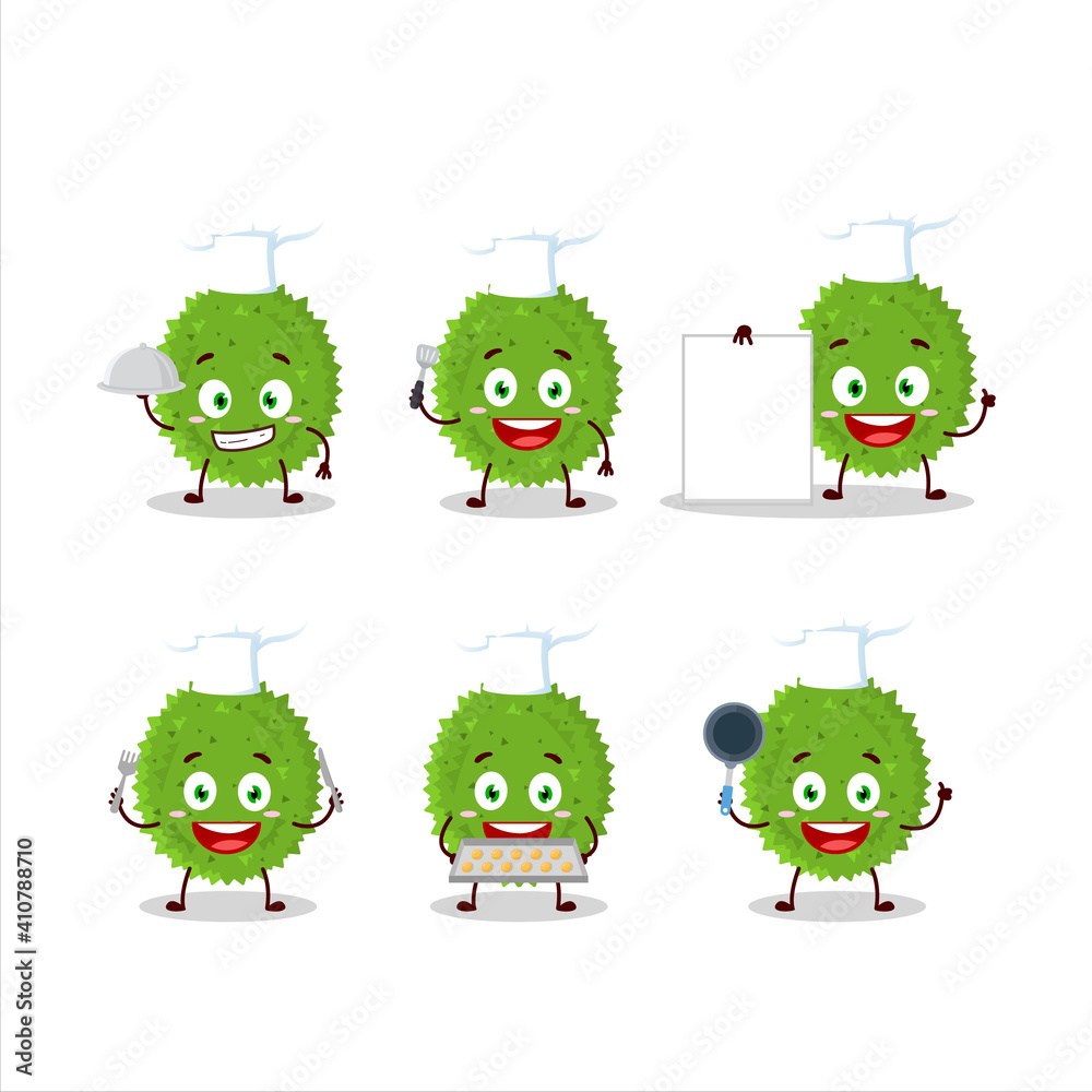 Cartoon character of durian with various chef emoticons Cartoon character of durian with various chef emoticons