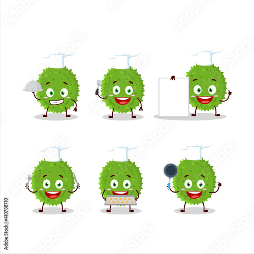 Cartoon character of durian with various chef emoticons