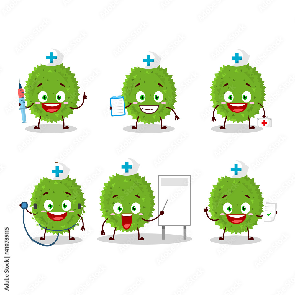Obraz premium Doctor profession emoticon with durian cartoon character