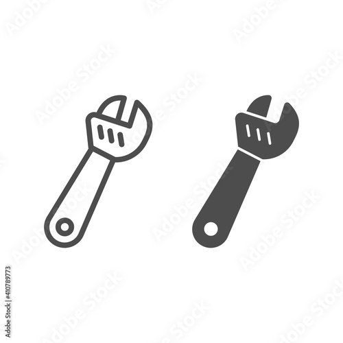 Large adjustable wrench line and solid icon, labour day concept, metal wrench for loosening bolts sign on white background, monkey wrench icon in outline style for mobile and web. Vector graphics.