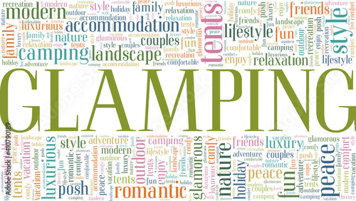Glamping - glamourous camping vector illustration word cloud isolated on a white background.