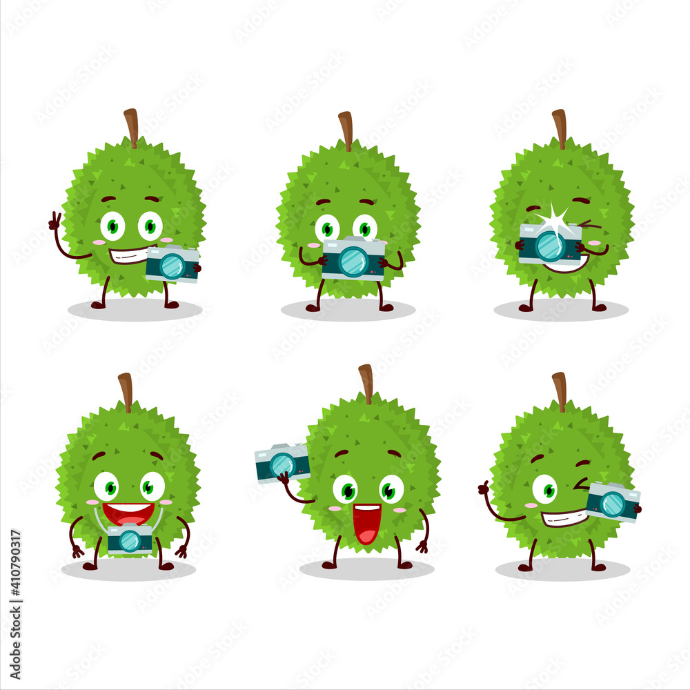 Fototapeta premium Photographer profession emoticon with durian cartoon character