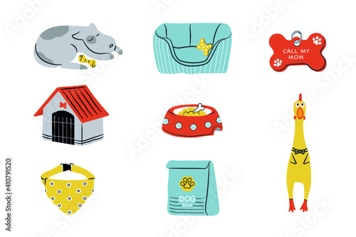Vector illustration of items for the care of dog