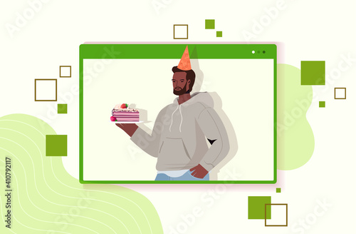 man in festive hat celebrating online birthday party african american guy in computer window holding cake celebration self isolation quarantine concept portrait horizontal vector illustration