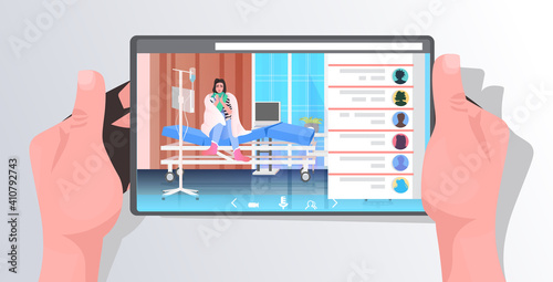 human hands using tablet with sick woman patient on screen covid-19 pandemic concept hospital ward interior full length horizontal vector illustration