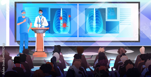 male doctors in masks giving speech at tribune with microphone fight against coronavirus medical conference concept lecture hall interior portrait horizontal vector illustration