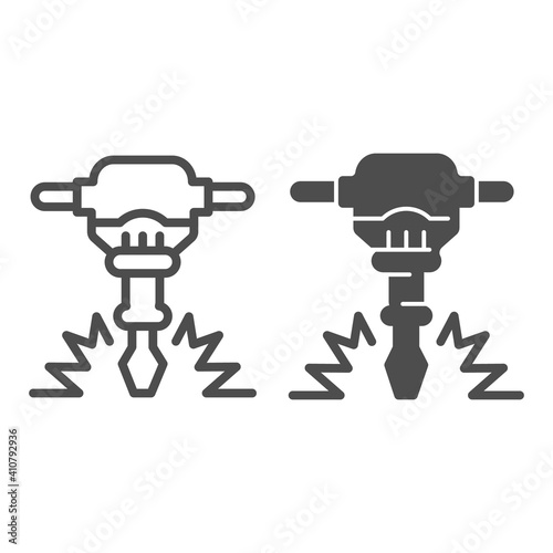 Construction jackhammer line and solid icon, labour day concept, concrete breaker sign on white background, pneumatic hammer icon in outline style for mobile concept and web design. Vector graphics.