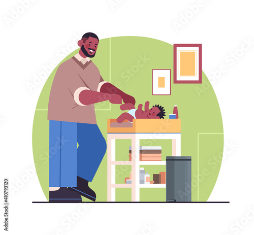 african american father changing diaper to his little son fatherhood parenting concept dad spending time with his baby at home full length vector illustration