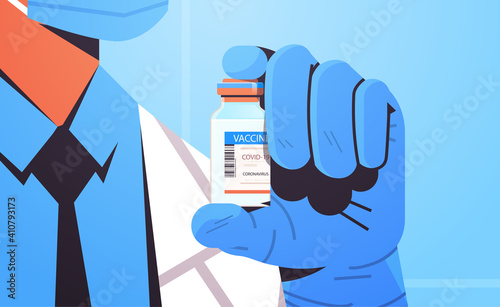 doctor in mask holding bottle vial of covid-19 vaccine injection vaccination immunization anti coronavirus disease medical concept horizontal closeup portrait vector illustration