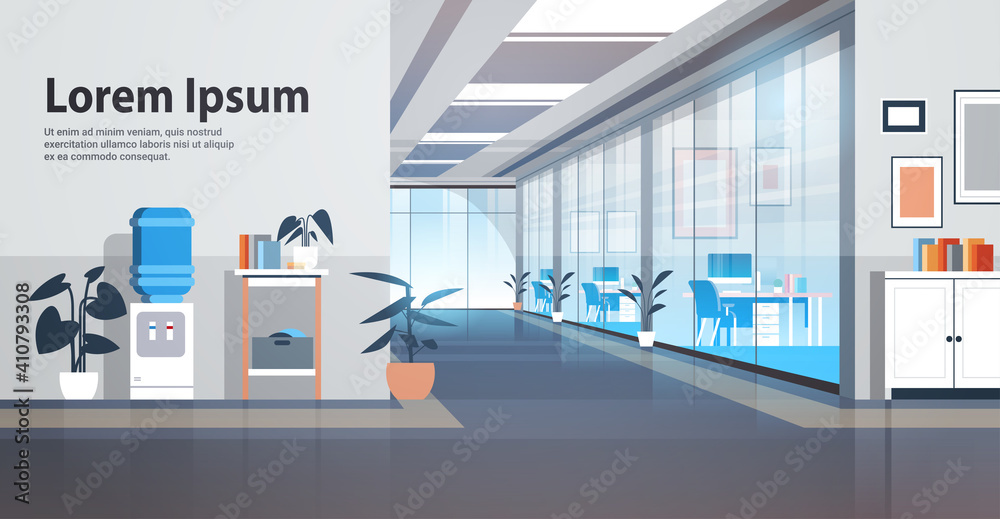 empty coworking area no people open space modern office interior horizontal copy space vector illustration - obrazy, fototapety, plakaty 