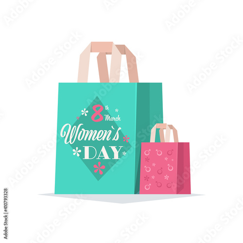 colorful purchases seasonal shopping sale  womens day 8 march holiday celebration banner flyer or greeting card vector illustration