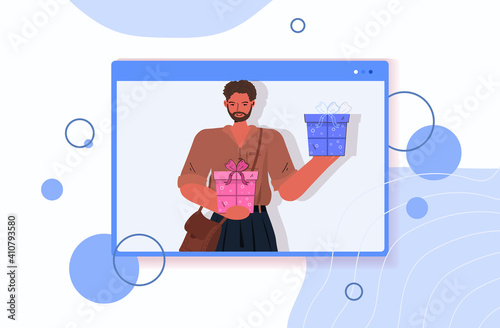 man in festive hat celebrating online birthday party guy in computer window holding wrapped gifts celebration self isolation quarantine concept portrait horizontal vector illustration