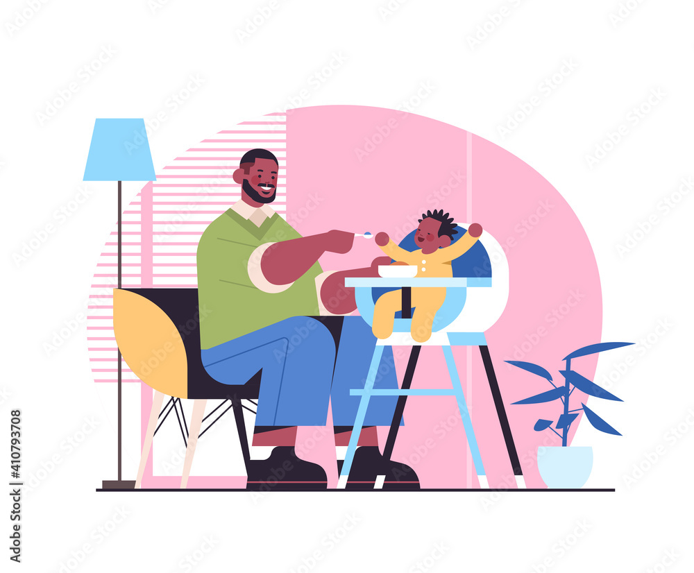 african american father feeding his little son on kids eating chair fatherhood parenting concept dad spending time with baby at home horizontal full length vector illustration
